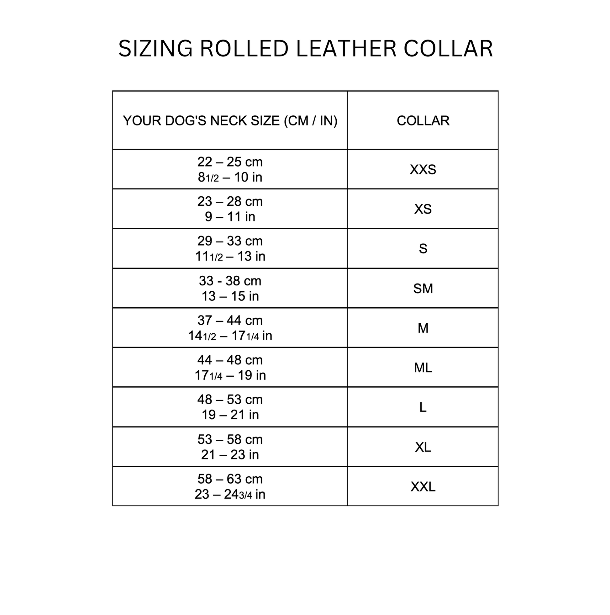 size chart for rolled soft leather dog collar, British Made