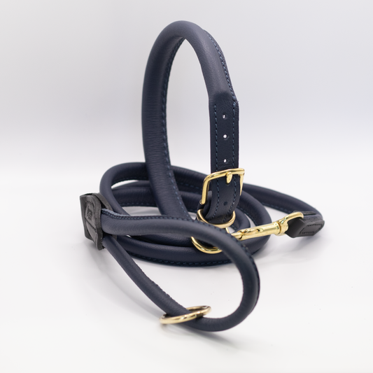 Rolled Soft Leather Dog Collar and Lead Set Navy